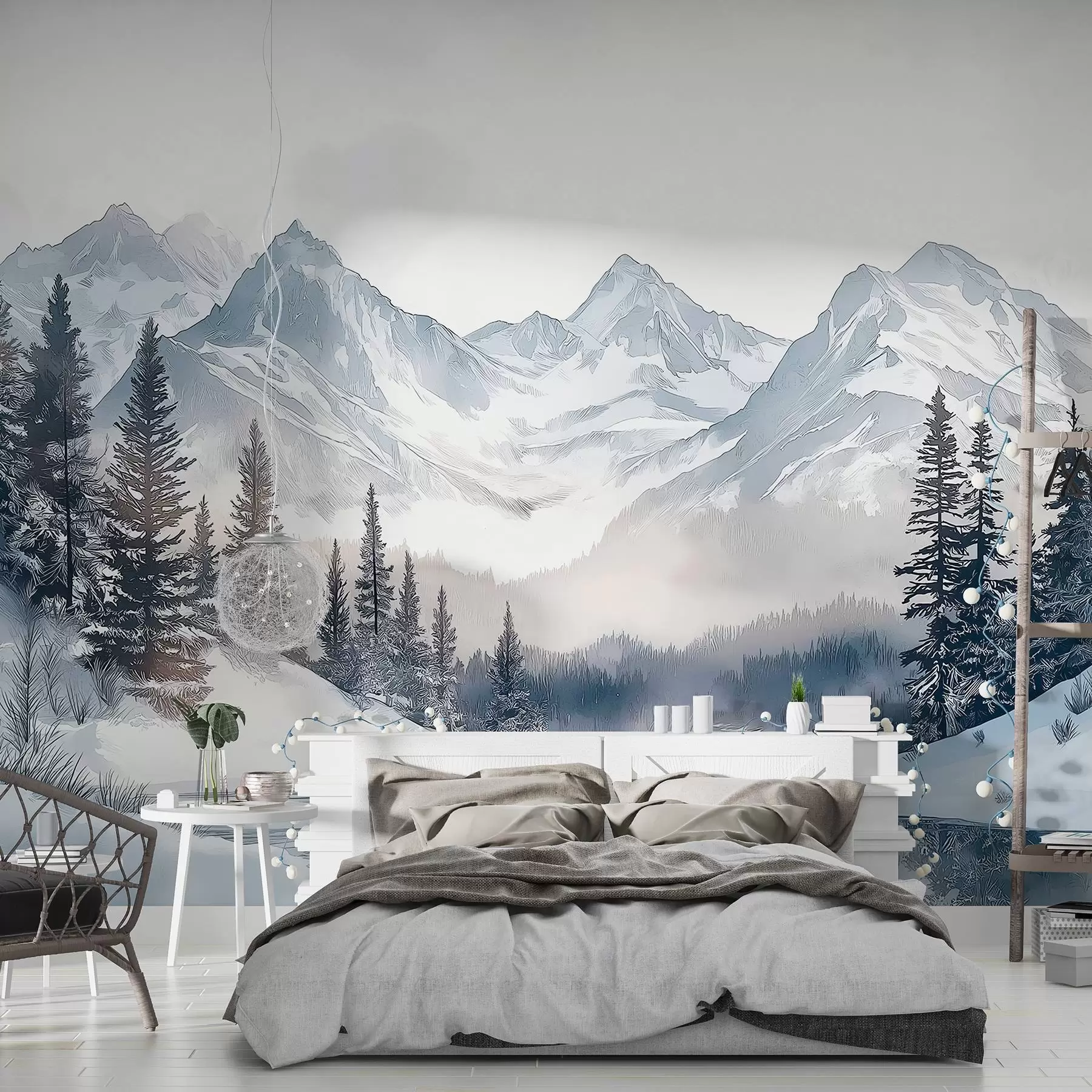 wall murals Mountains with lake, winter, forest, sunset sky, nature w02357