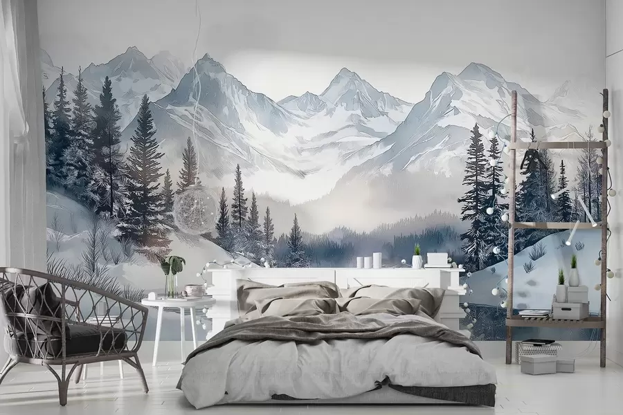 wall murals Mountains with lake, winter, forest, sunset sky, nature w02357