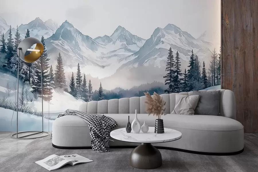 wall murals Mountains with lake, winter, forest, sunset sky, nature w02357