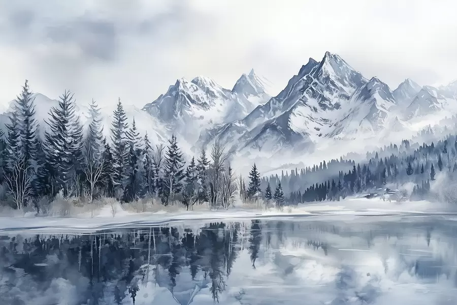 wall murals The Alps in snow, winter forest, frozen lake, blue color palette  w02358