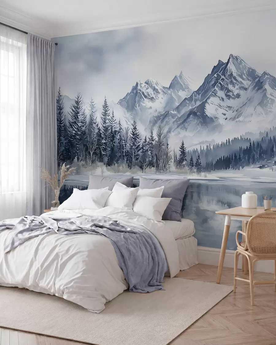 wall murals The Alps in snow, winter forest, frozen lake, blue color palette  w02358