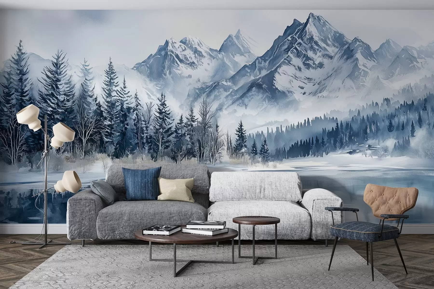 wall murals The Alps in snow, winter forest, frozen lake, blue color palette  w02358
