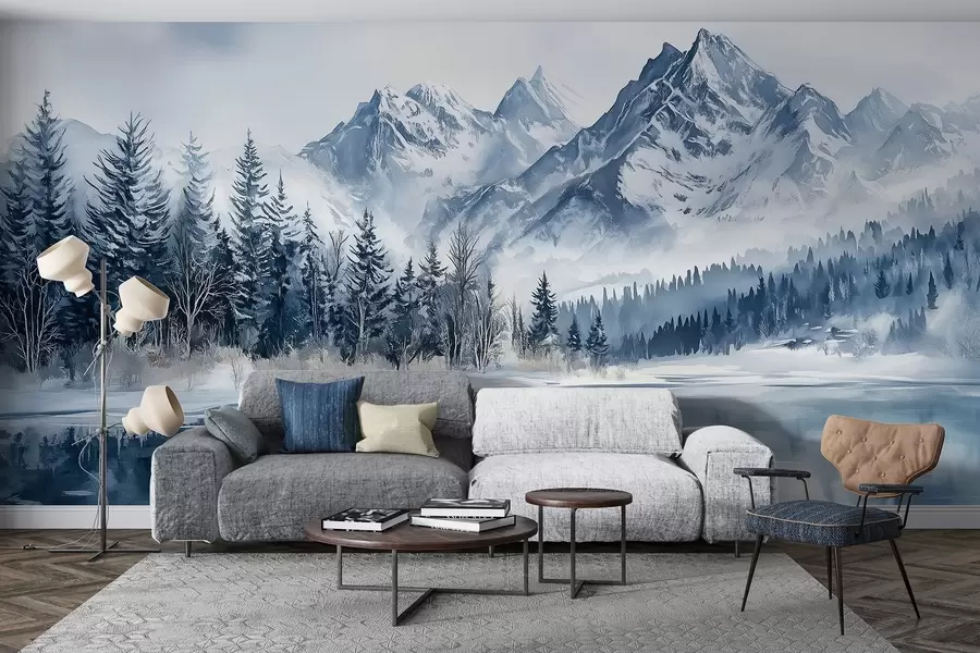 wall murals The Alps in snow, winter forest, frozen lake, blue color palette  w02358