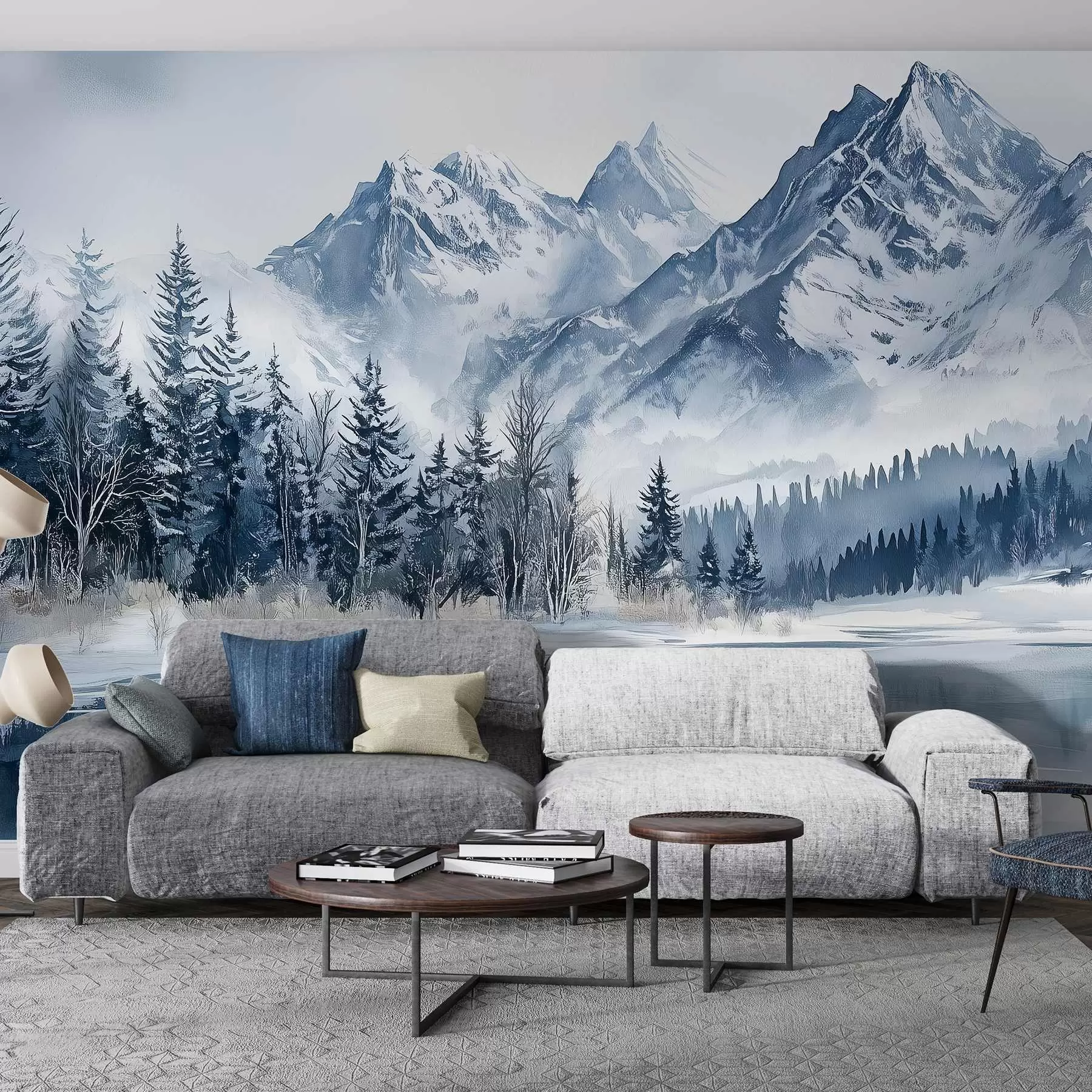wall murals The Alps in snow, winter forest, frozen lake, blue color palette  w02358