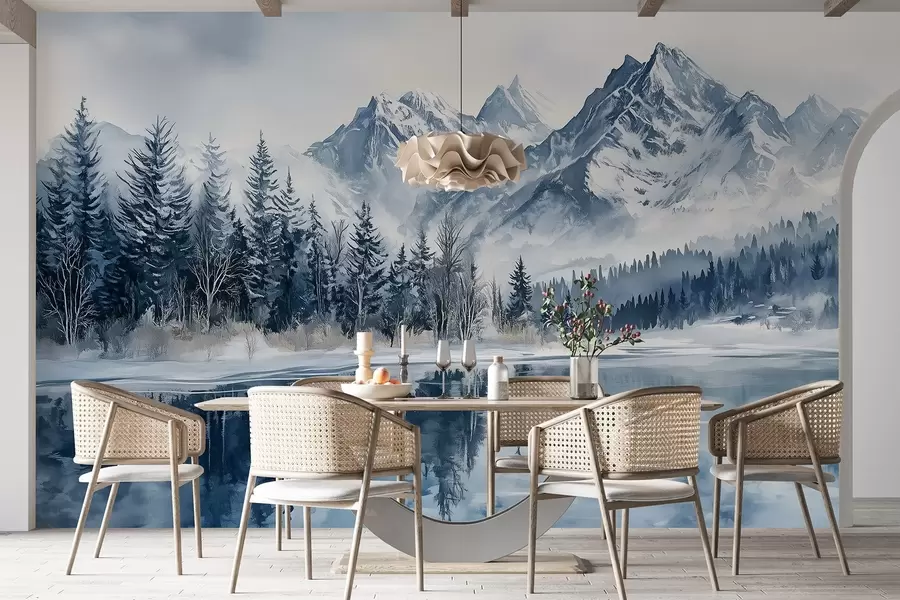 wall murals The Alps in snow, winter forest, frozen lake, blue color palette  w02358