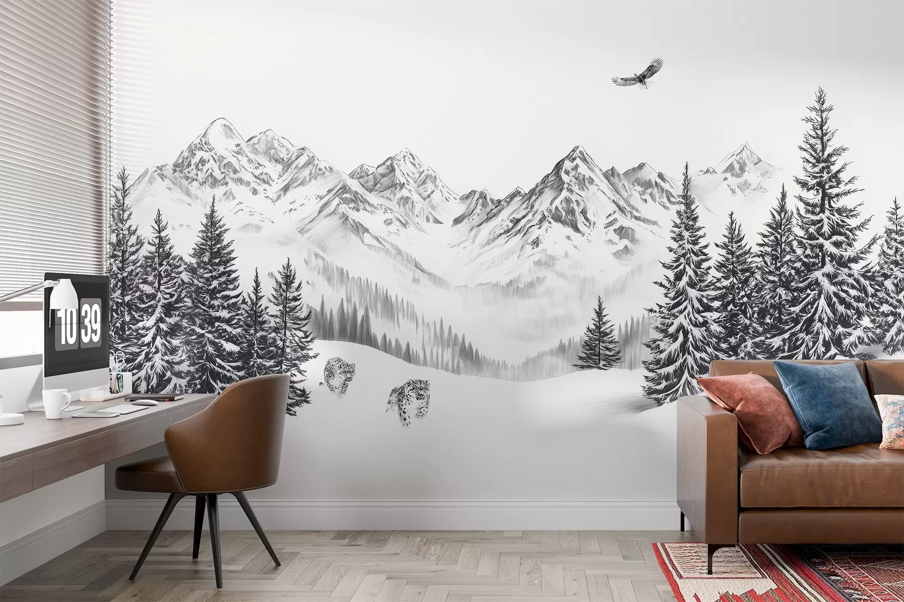wall murals Winter mountains, snow leopards, pine forest, pencil drawing, flying eagle w02360