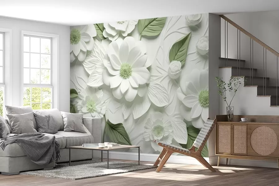 wall murals Volumetric flowers made of gypsum in two colors w02006v2