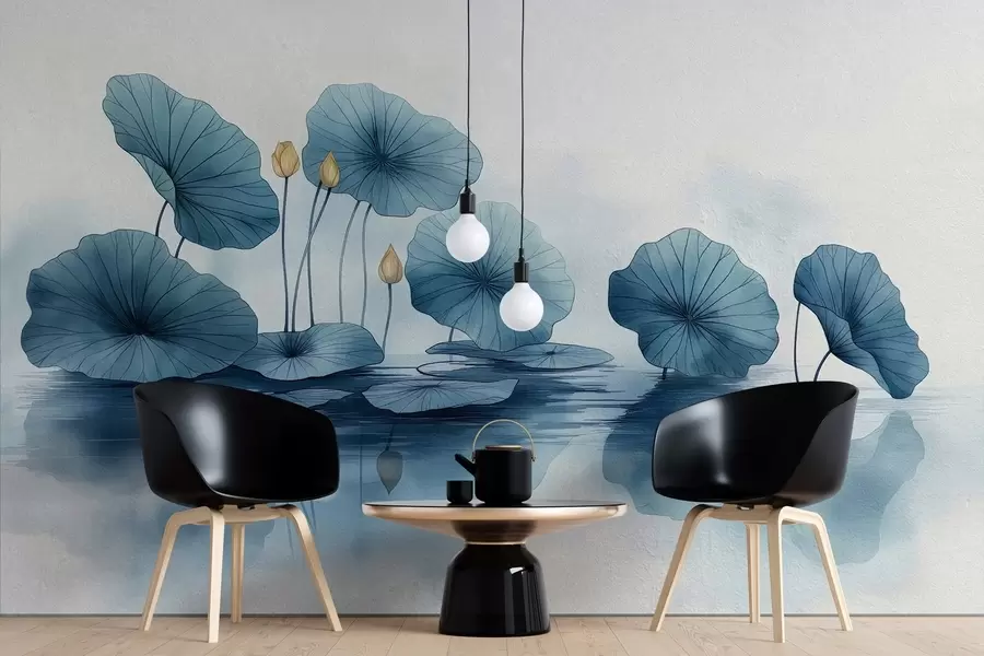 wall murals Lotus leaves over water on a concrete wall w02011