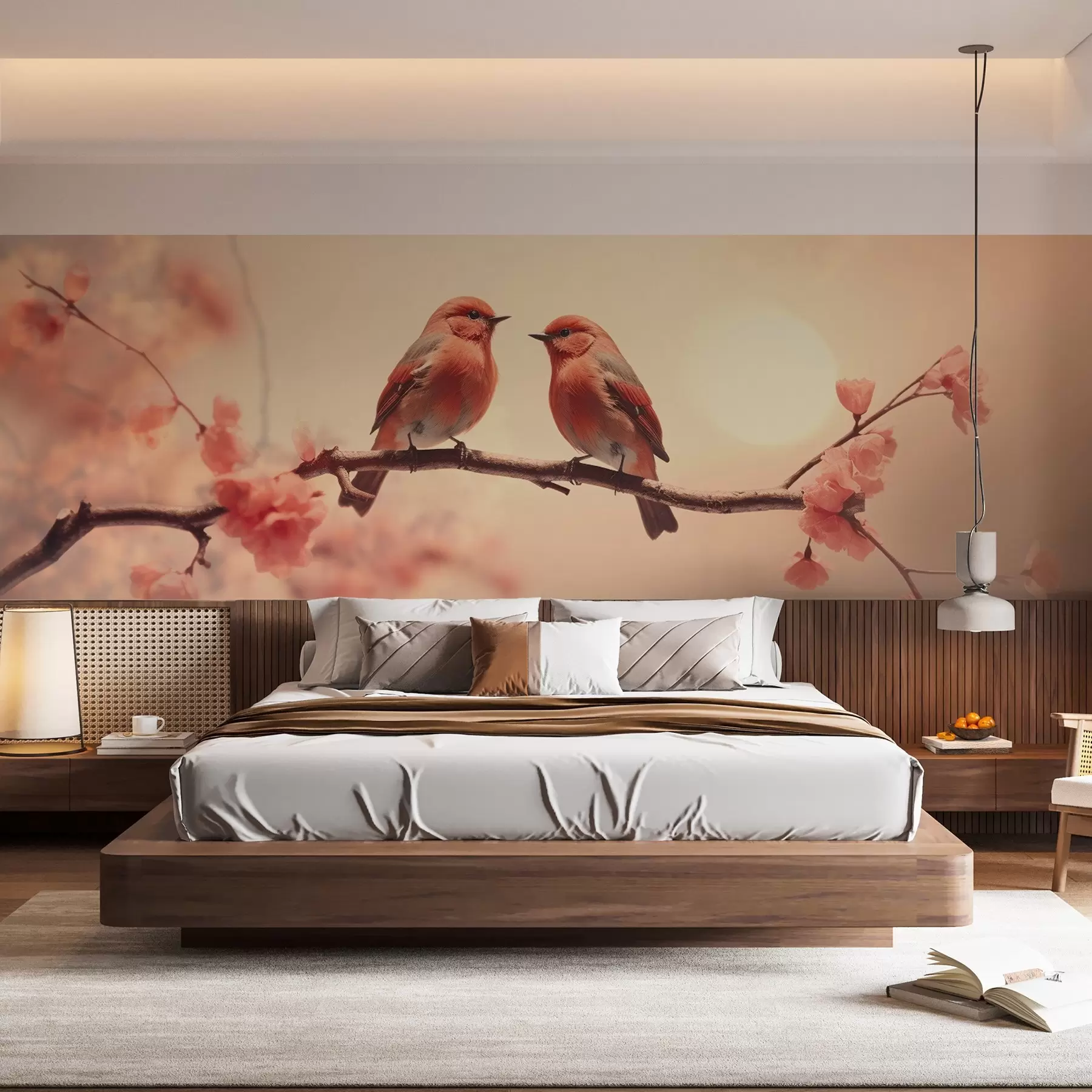 wall murals A serene and romantic scene with two little birds sitting on a delicate branch decorated with pale pink flowers.  w02343