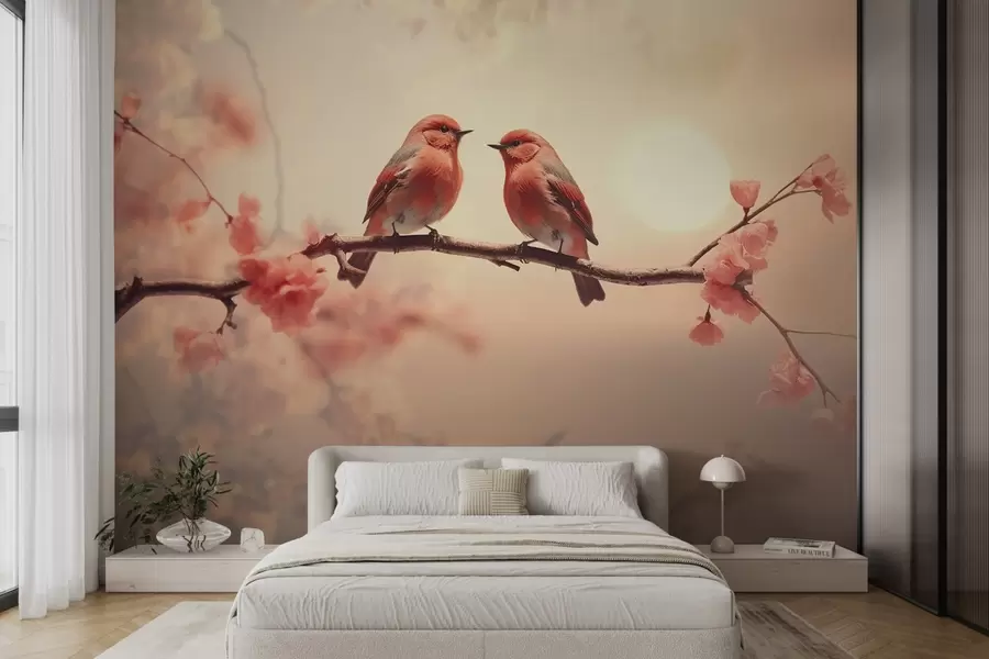 wall murals A serene and romantic scene with two little birds sitting on a delicate branch decorated with pale pink flowers.  w02343