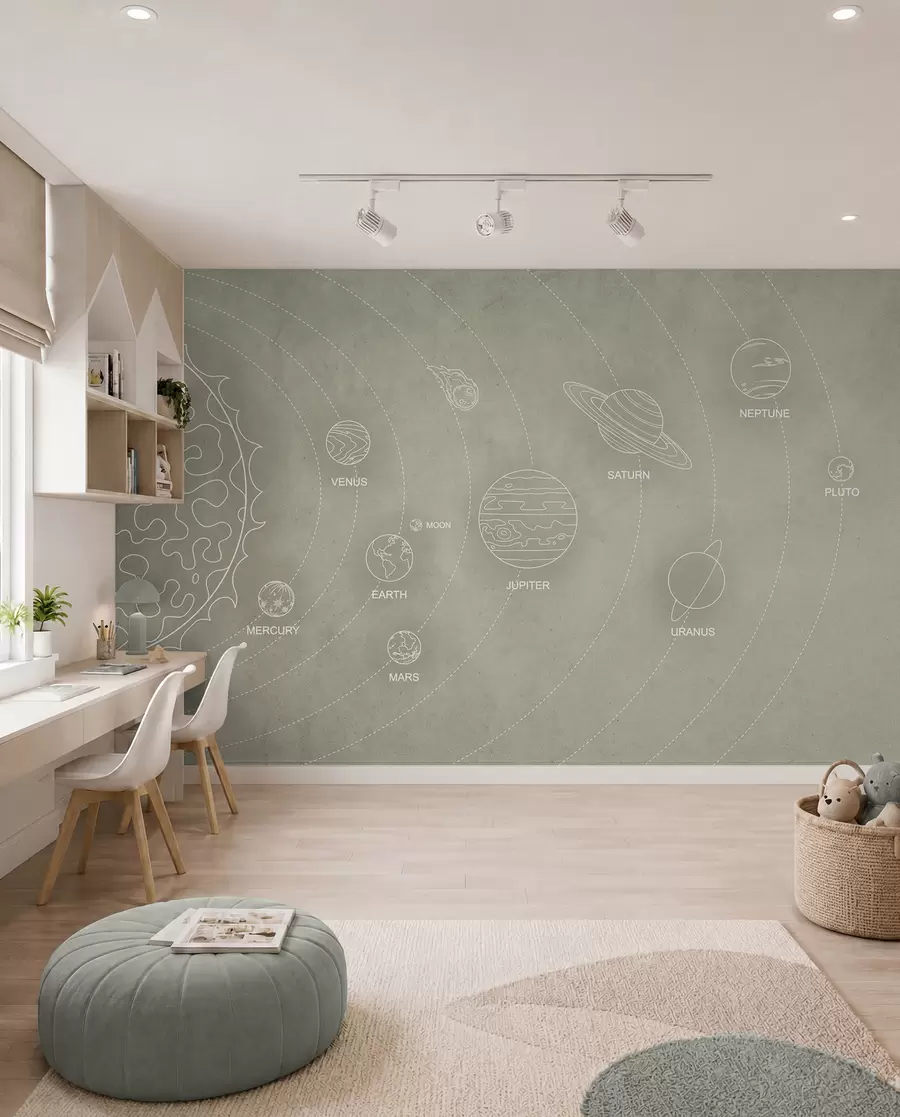 wall murals Solar system in a minimalist style on a cool beige textured background w02344