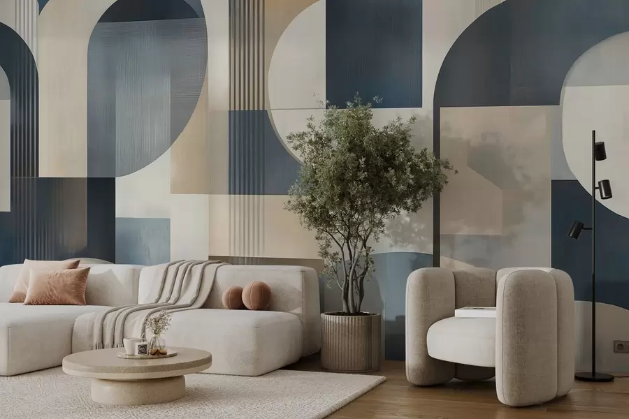 wall murals Art Deco wallpaper with a geometric pattern in blue, beige and milky shades w02346