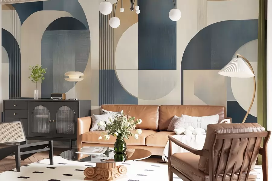 wall murals Art Deco wallpaper with a geometric pattern in blue, beige and milky shades w02346