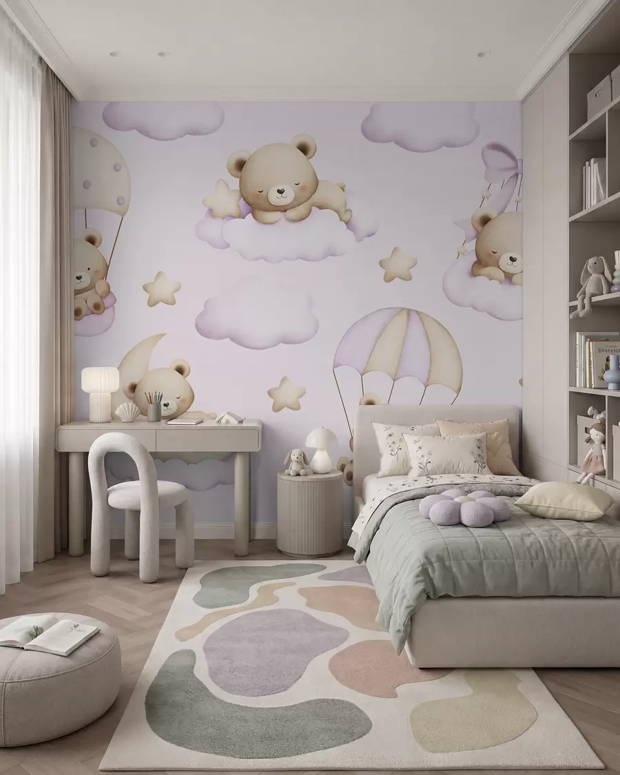 wall murals Bears on parachutes and clouds on a pink background w02385v1