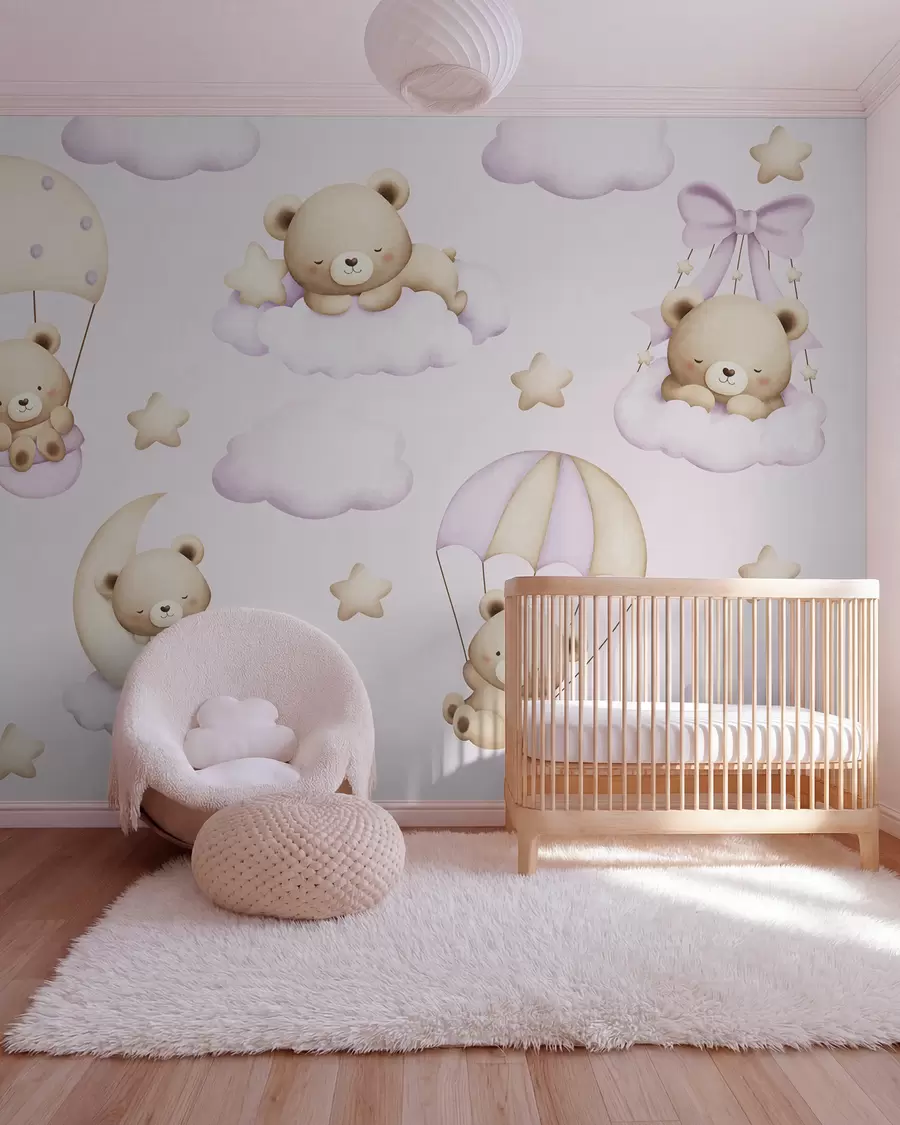 wall murals Bears on parachutes and clouds on a pink background w02385v1