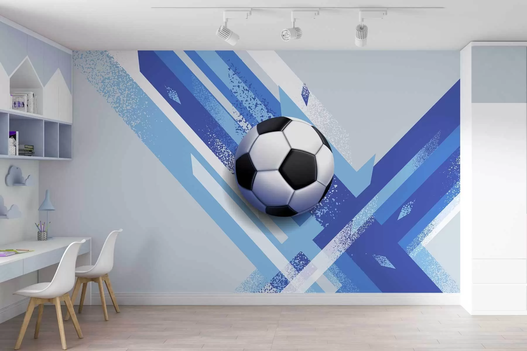 wall murals soccer ball on dynamic abstract background in blue colors w02347