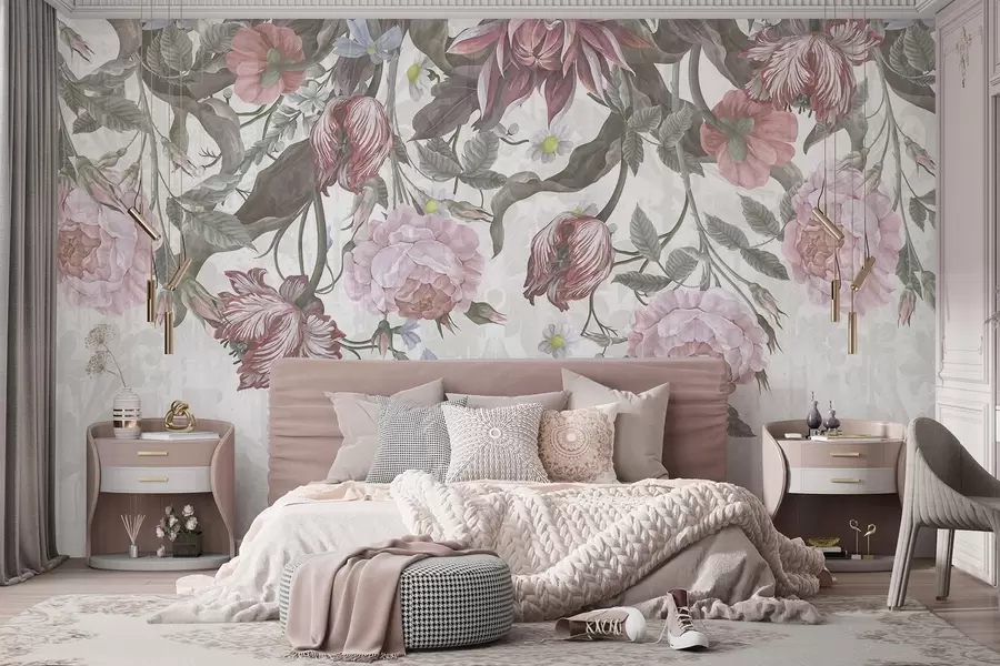wall murals A lush floral arrangement featuring large pink and white flowers, with green leaves and stems  w08435