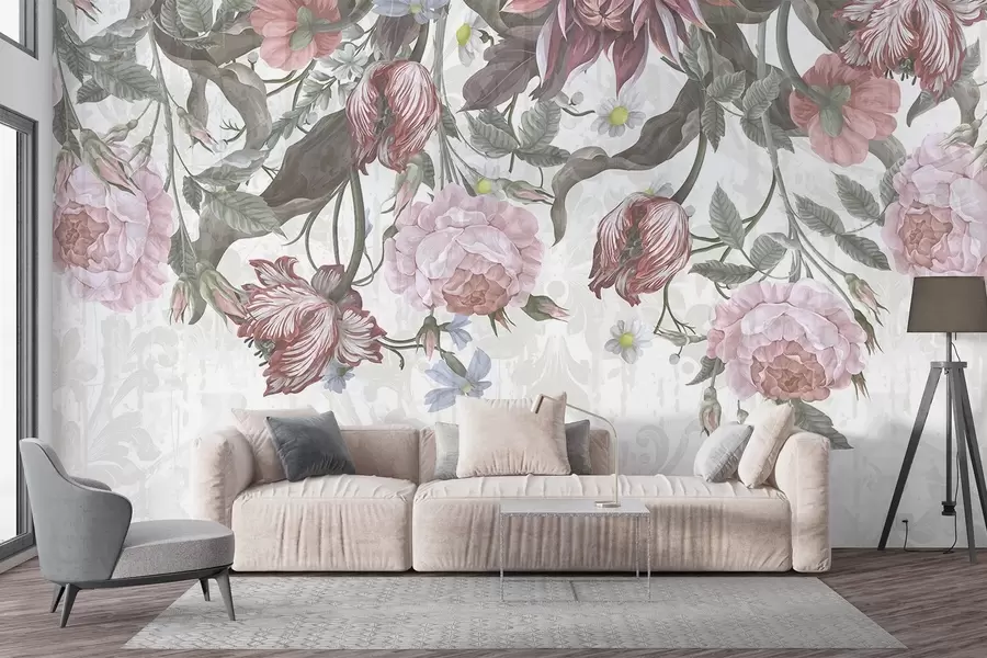 wall murals A lush floral arrangement featuring large pink and white flowers, with green leaves and stems  w08435