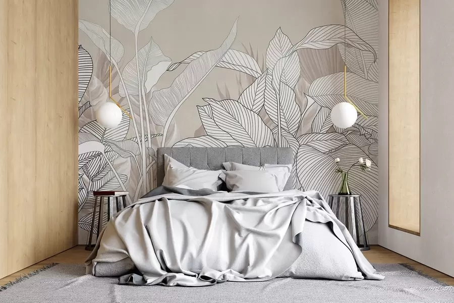 wall murals A monochrome illustration featuring large, stylized leaves and foliage with intricate line patterns and textures w08436v1