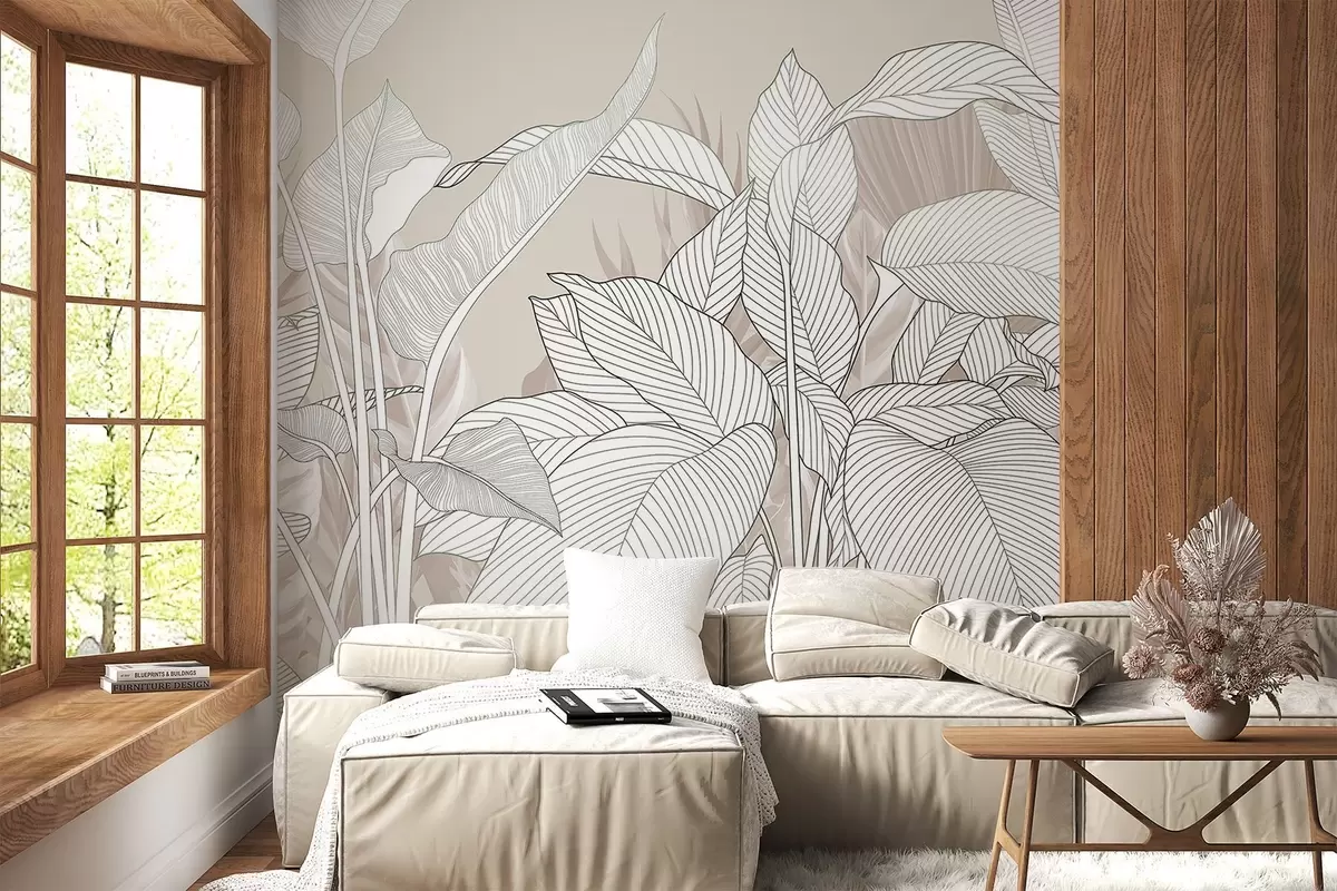 wall murals A monochrome illustration featuring large, stylized leaves and foliage with intricate line patterns and textures w08436v1