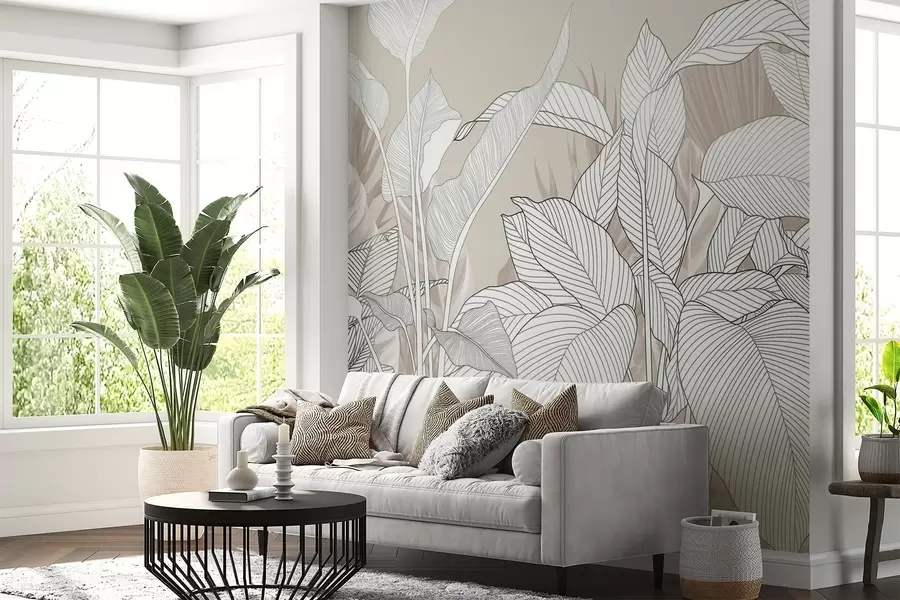 wall murals A monochrome illustration featuring large, stylized leaves and foliage with intricate line patterns and textures w08436v1