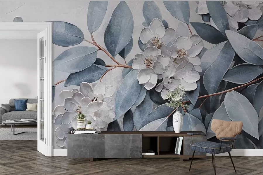 wall murals Delicate white flowers with gray-green leaves against a soft, muted background in oil painting style  w08437