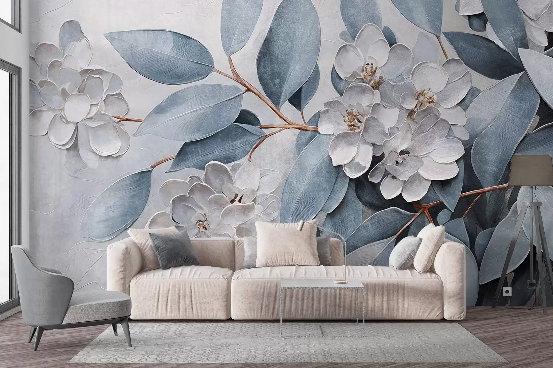wall murals Delicate white flowers with gray-green leaves against a soft, muted background in oil painting style  w08437