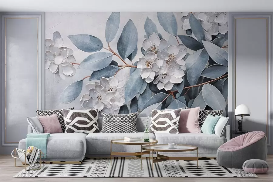 wall murals Delicate white flowers with gray-green leaves against a soft, muted background in oil painting style  w08437