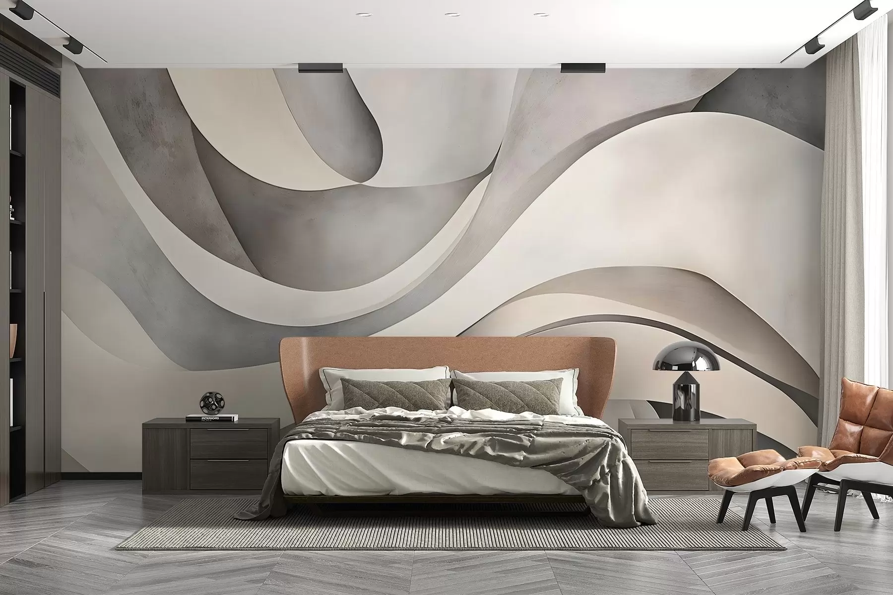 wall murals White, beige and gray curved shapes and forms , creating abstract textural modern minimalistic print  w08439