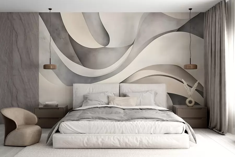 wall murals White, beige and gray curved shapes and forms , creating abstract textural modern minimalistic print  w08439
