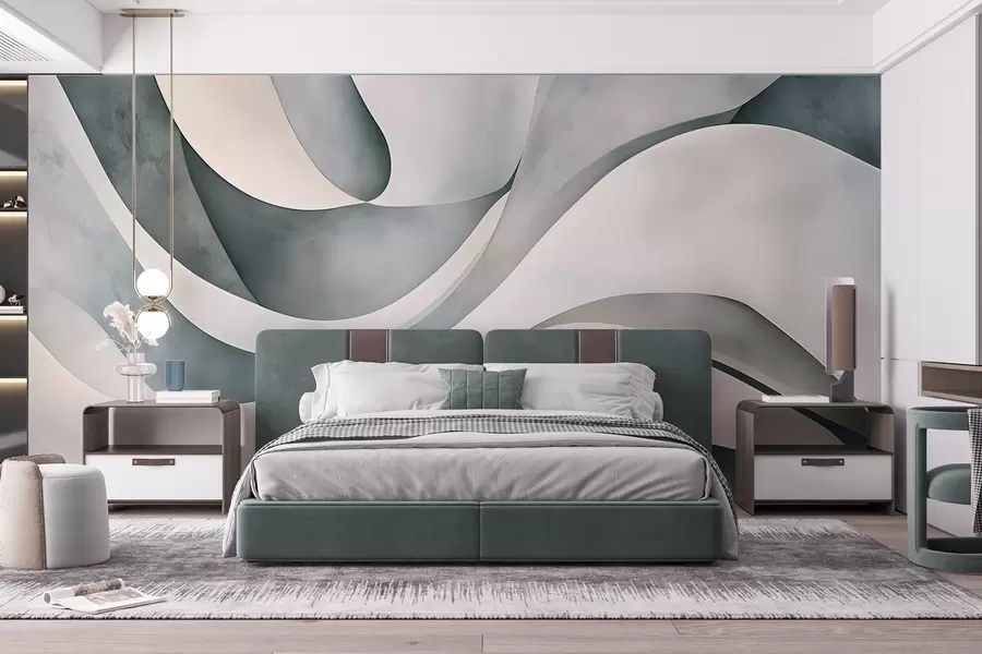 wall murals White, blue and gray curved shapes and forms , creating abstract textural modern minimalistic print  w08439v1