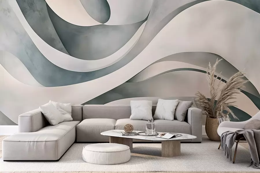 wall murals White, blue and gray curved shapes and forms , creating abstract textural modern minimalistic print  w08439v1
