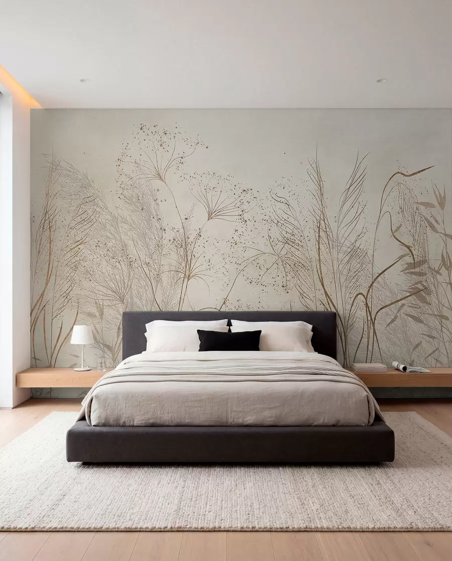 wall murals A monochrome illustration of various beige plants and spikelets with delicate, wispy lines and textures  w08441