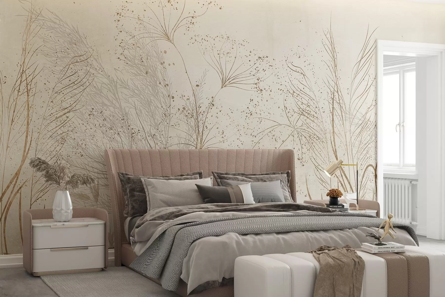 wall murals A monochrome illustration of various beige plants and spikelets with delicate, wispy lines and textures  w08441