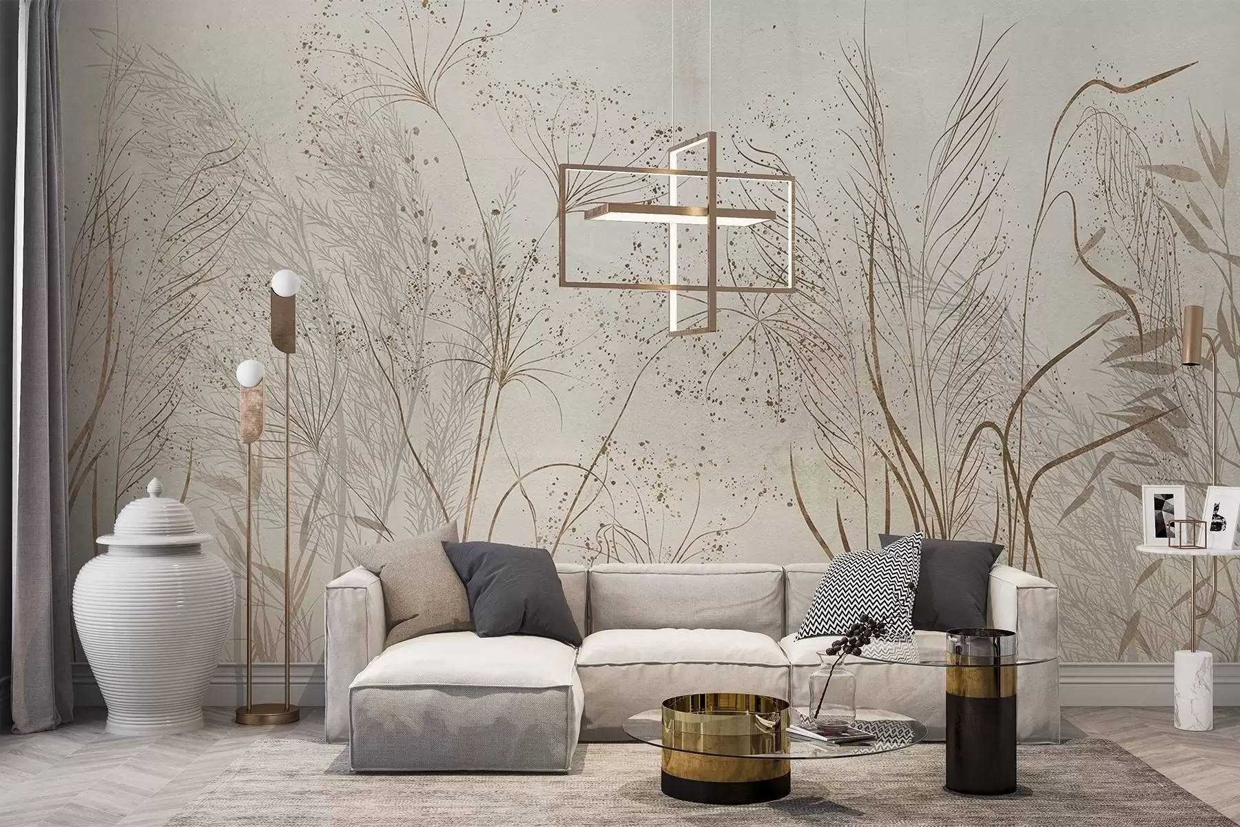 wall murals A monochrome illustration of various beige plants and spikelets with delicate, wispy lines and textures  w08441
