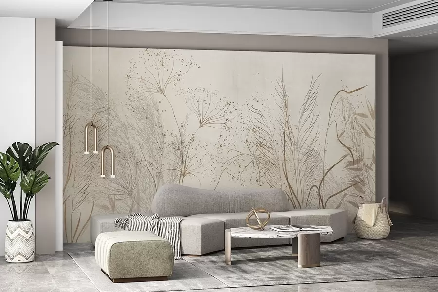 wall murals A monochrome illustration of various beige plants and spikelets with delicate, wispy lines and textures  w08441
