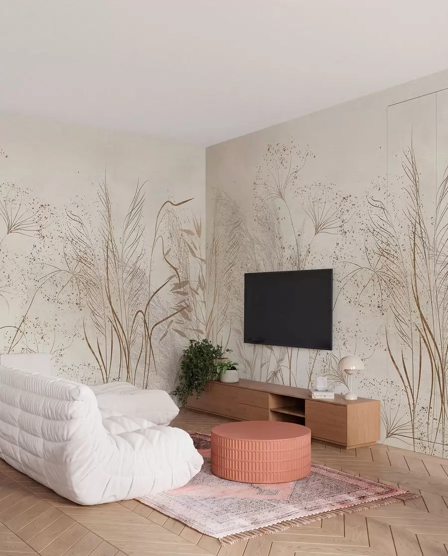 wall murals A monochrome illustration of various beige plants and spikelets with delicate, wispy lines and textures  w08441