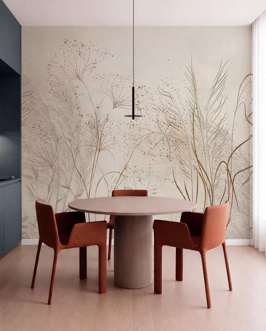 wall murals A monochrome illustration of various beige plants and spikelets with delicate, wispy lines and textures  w08441