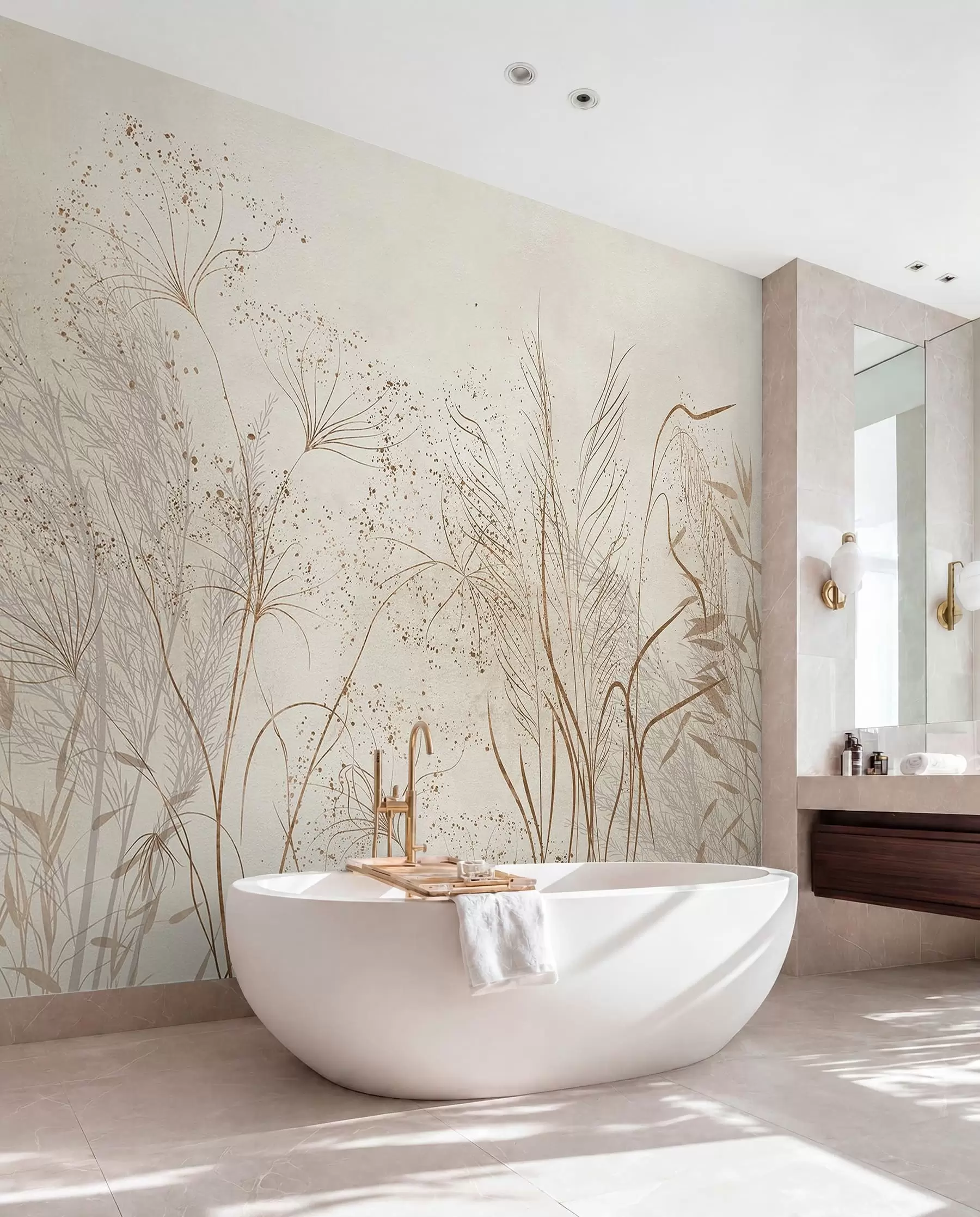 wall murals A monochrome illustration of various beige plants and spikelets with delicate, wispy lines and textures  w08441