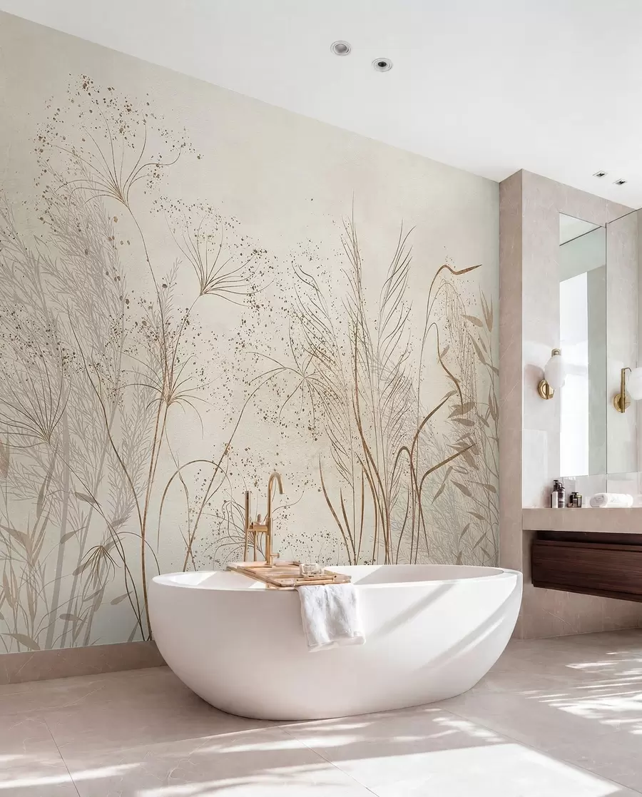 wall murals A monochrome illustration of various beige plants and spikelets with delicate, wispy lines and textures  w08441