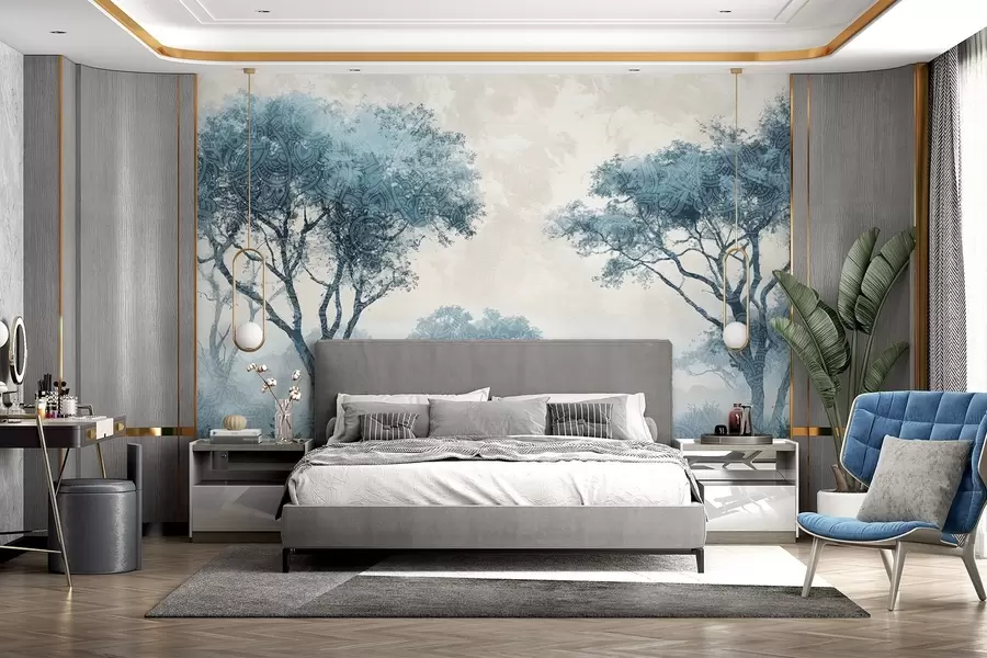 wall murals A misty, serene landscape with silhouetted trees in the foreground with soft fog in shades of blue and beige w08442