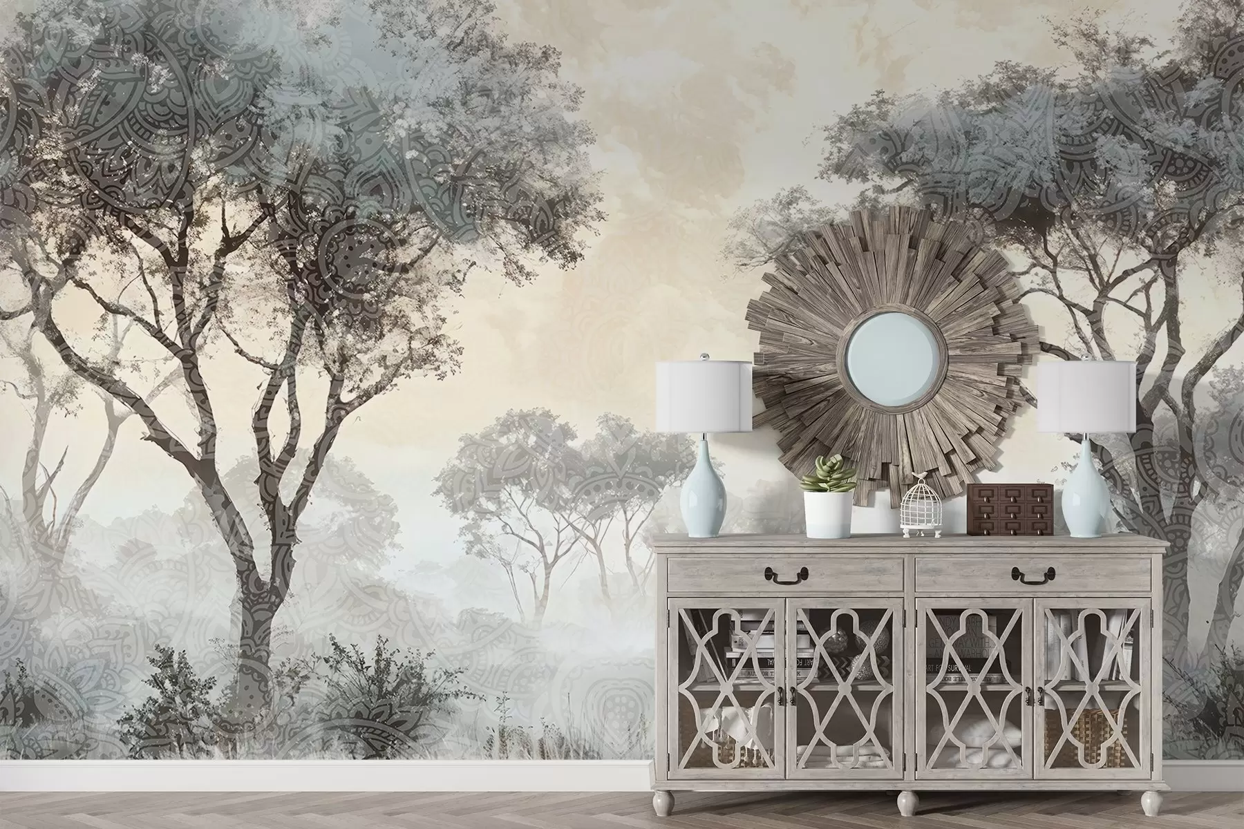 wall murals A misty, serene landscape with silhouetted trees in the foreground with soft fog in shades of gray and beige w08442v1