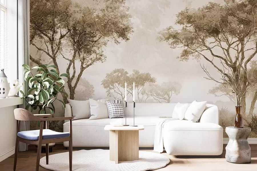wall murals A misty, serene landscape with silhouetted trees in the foreground with soft fog in shades of brown and beige w08442v2