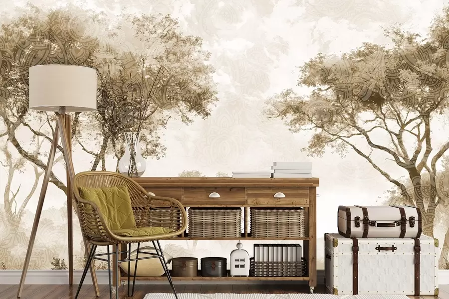 wall murals A misty, serene landscape with silhouetted trees in the foreground with soft fog in shades of brown and beige w08442v2