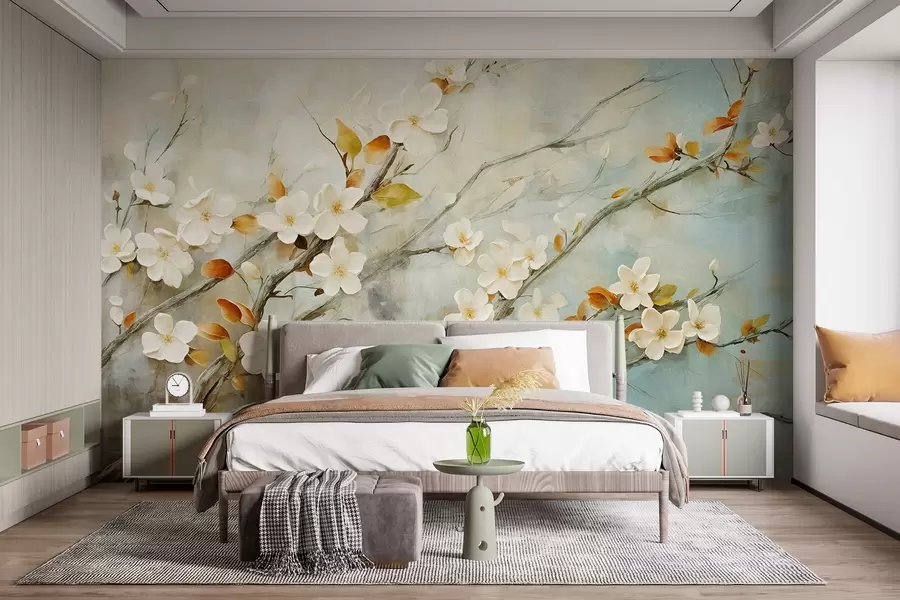 wall murals White cherry blossoms on branches against a soft blue and green background in oil painting style w08444
