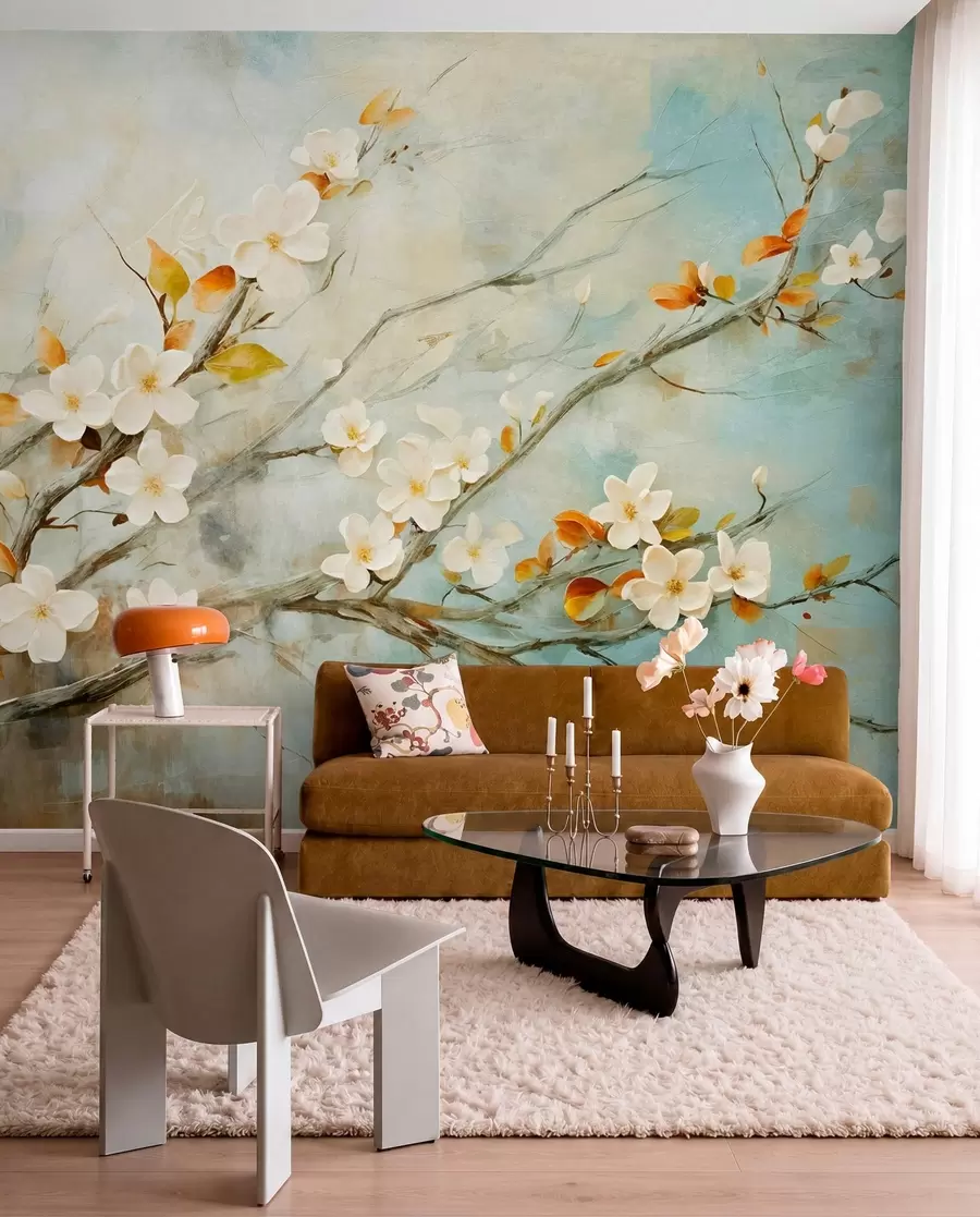 wall murals White cherry blossoms on branches against a soft blue and green background in oil painting style w08444