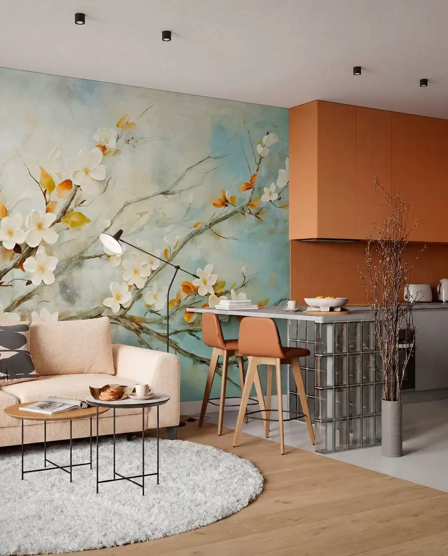 wall murals White cherry blossoms on branches against a soft blue and green background in oil painting style w08444