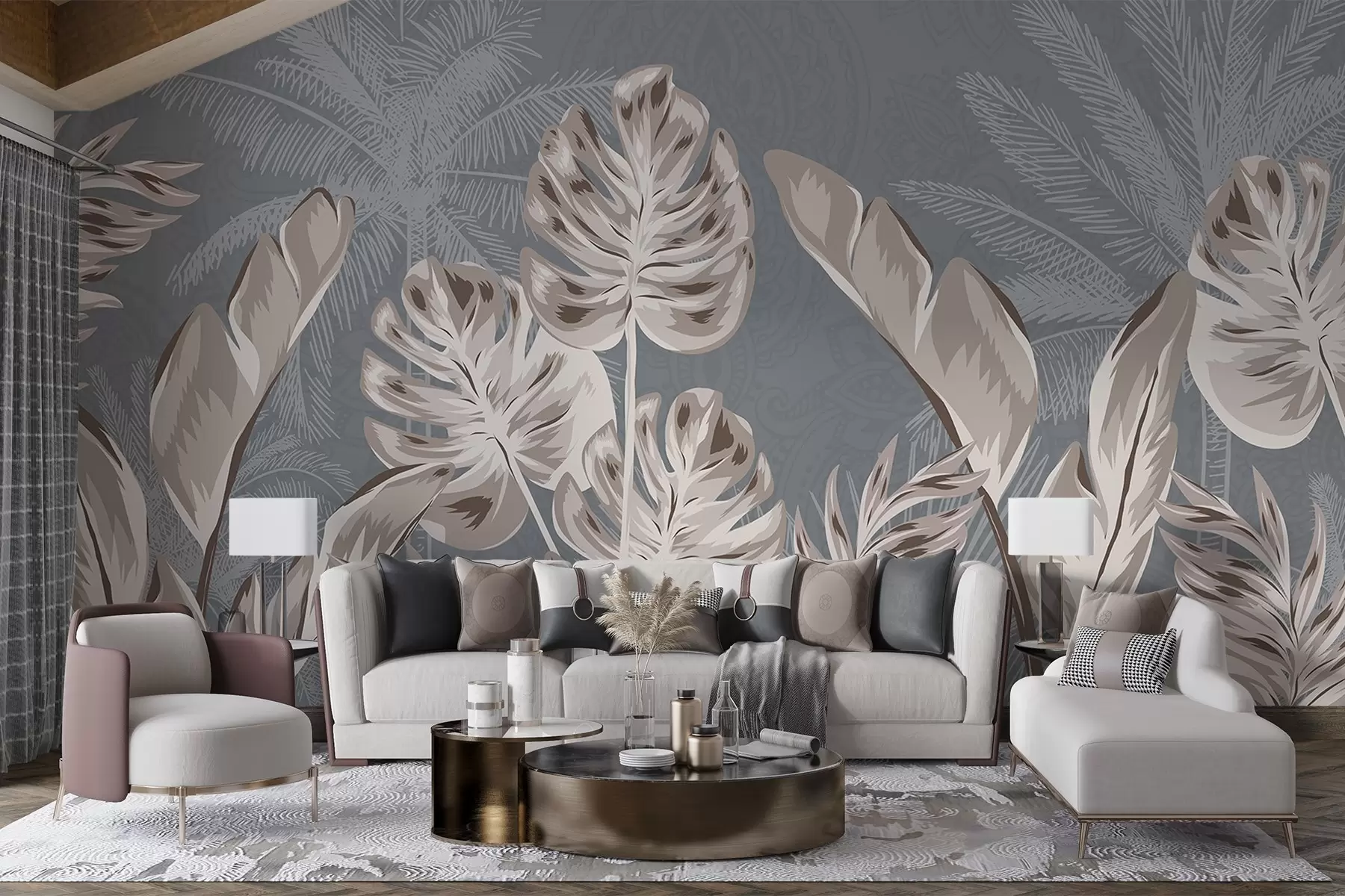 wall murals Large, delicate beige leaves against a muted gray background , creating a serene and ethereal atmosphere w08449
