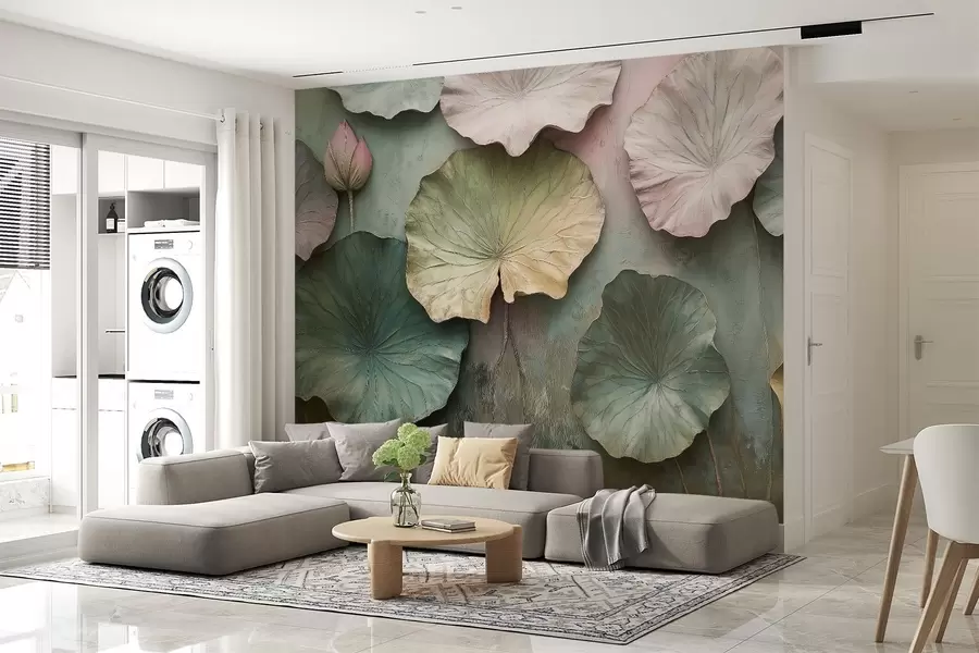 wall murals lotus leaves in pastel style with a volume effect w02441
