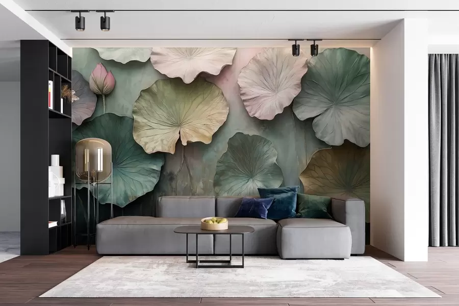 wall murals lotus leaves in pastel style with a volume effect w02441